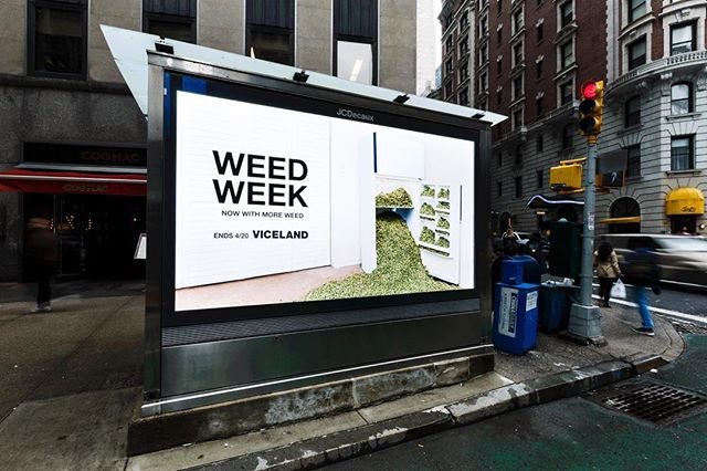 Weed Week bus shelter ad on a city street