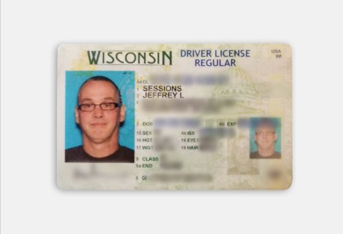 Novelty Jeff Sessions ID card from the activation