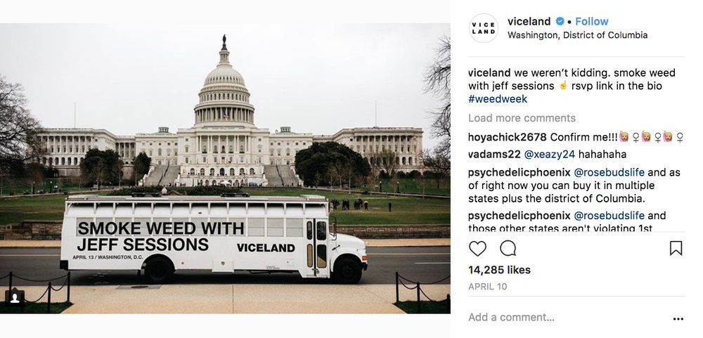 A tour bus reading Smoke Weed with Jeff Sessions parked by the Capitol